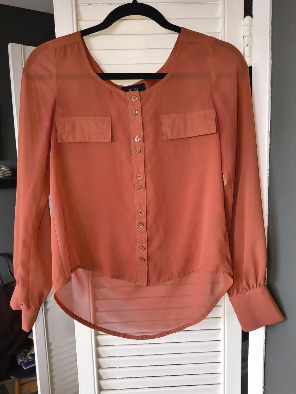 MINE Rust Orange Sheer Long Sleeve Button Front Blouse Small
